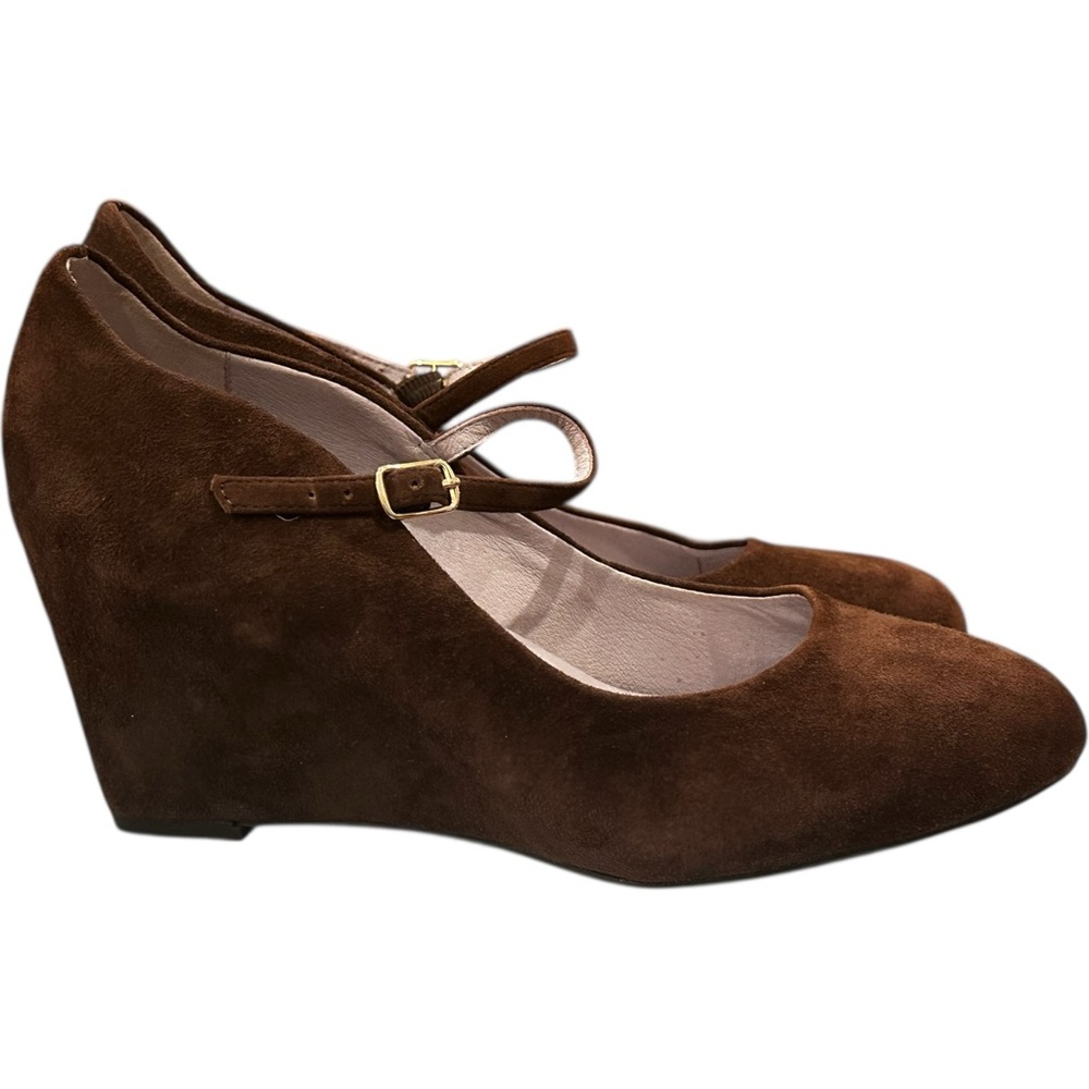 Johnston & Murphy Tracey Chocolate Brown Suede 3” Wedges Mary Janes Size 9.5 M